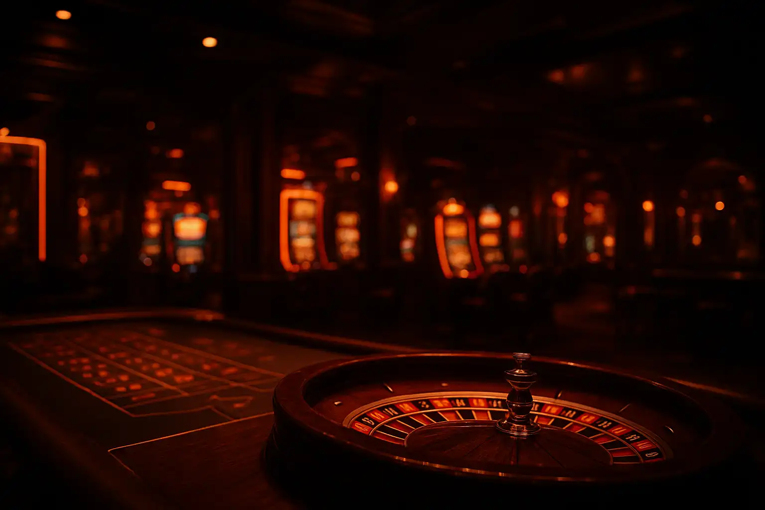 Een goedgeklede dealer naast een gloeiende casinotafel onder amberkleurig neonlicht